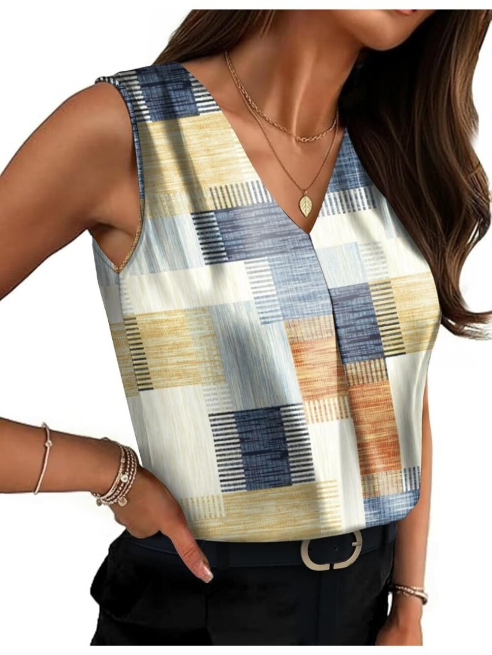 Women's Beige Square Sleeveless V Neck Satin Blouses Pull On Casual Tank Tops